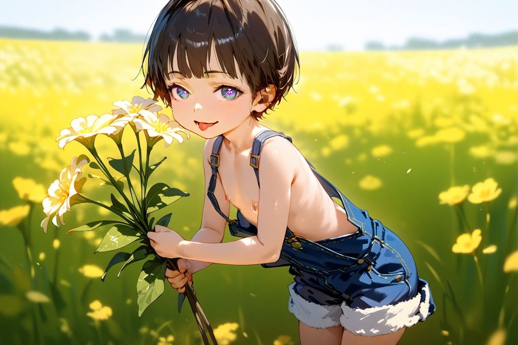 In a flower field full of blooming flowers