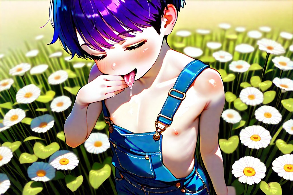 In a flower field full of blooming flowers