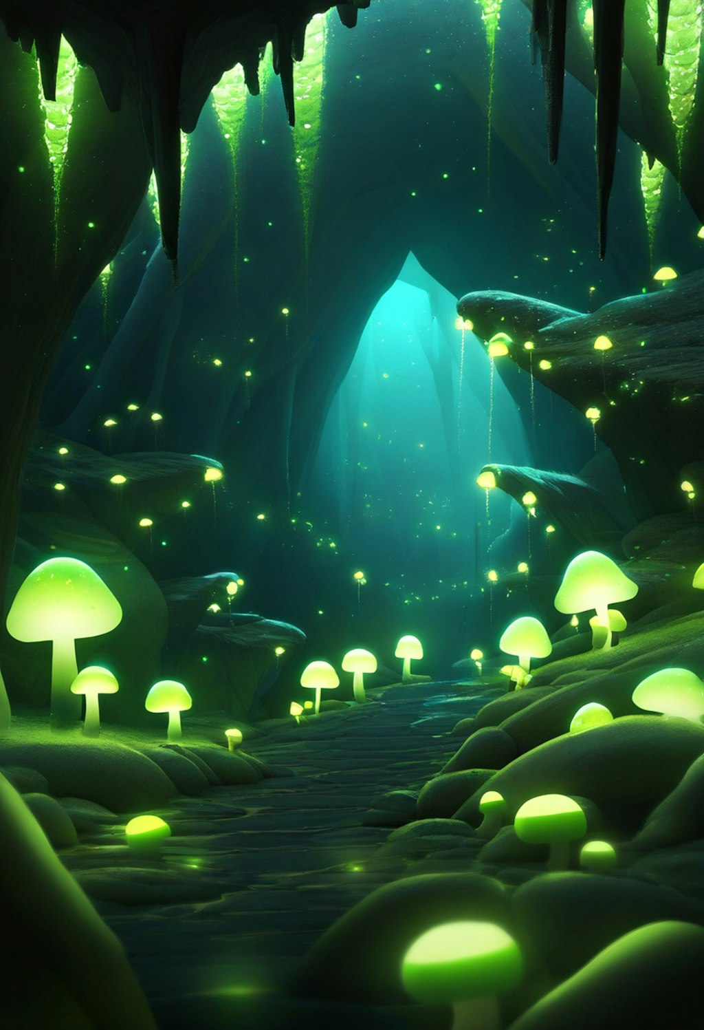 洞窟で緑に光るキノコ