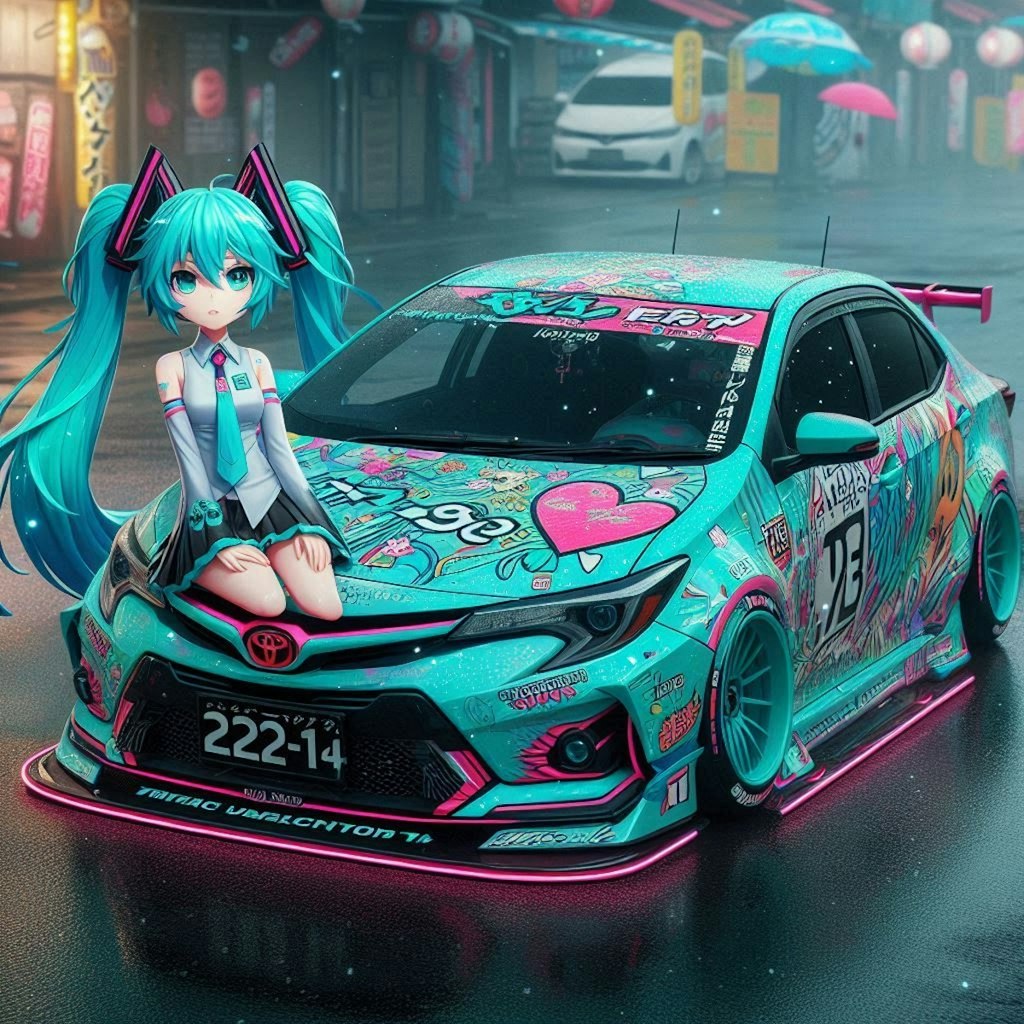 初音ミクカラーのトヨタカローラのドリ車