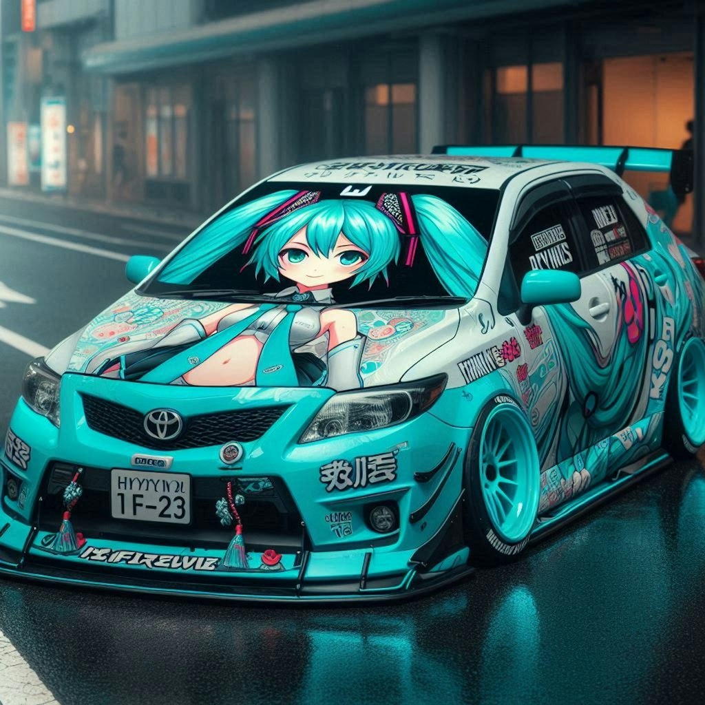 初音ミクカラーのトヨタカローラのドリ車