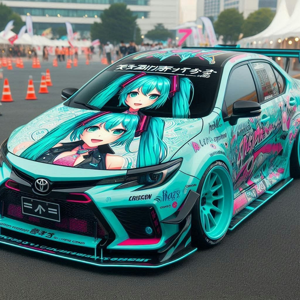 初音ミクカラーのトヨタカローラのドリ車