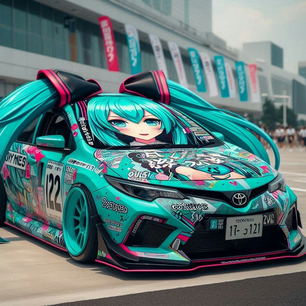 初音ミクカラーのトヨタカローラのドリ車