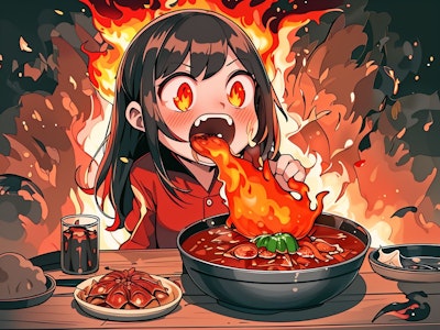 激辛鍋料理を食べて炎を吐く女の子