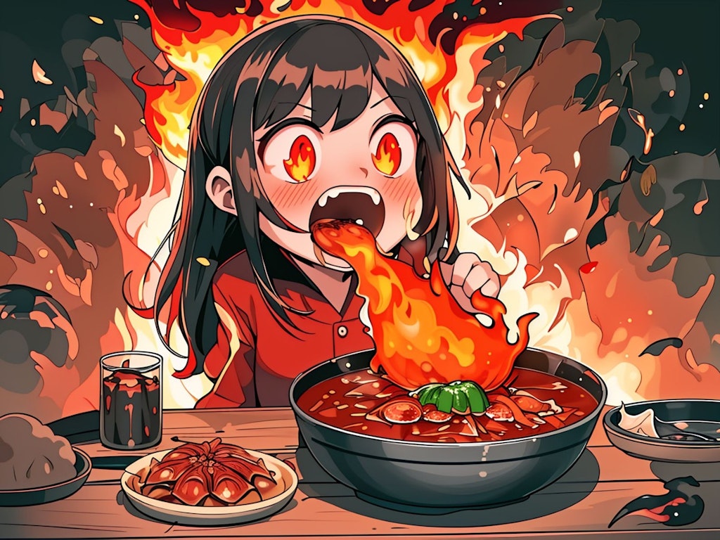激辛鍋料理を食べて炎を吐く女の子