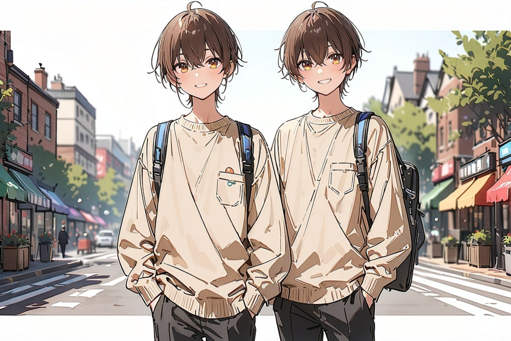 Twin brothers walking home from school