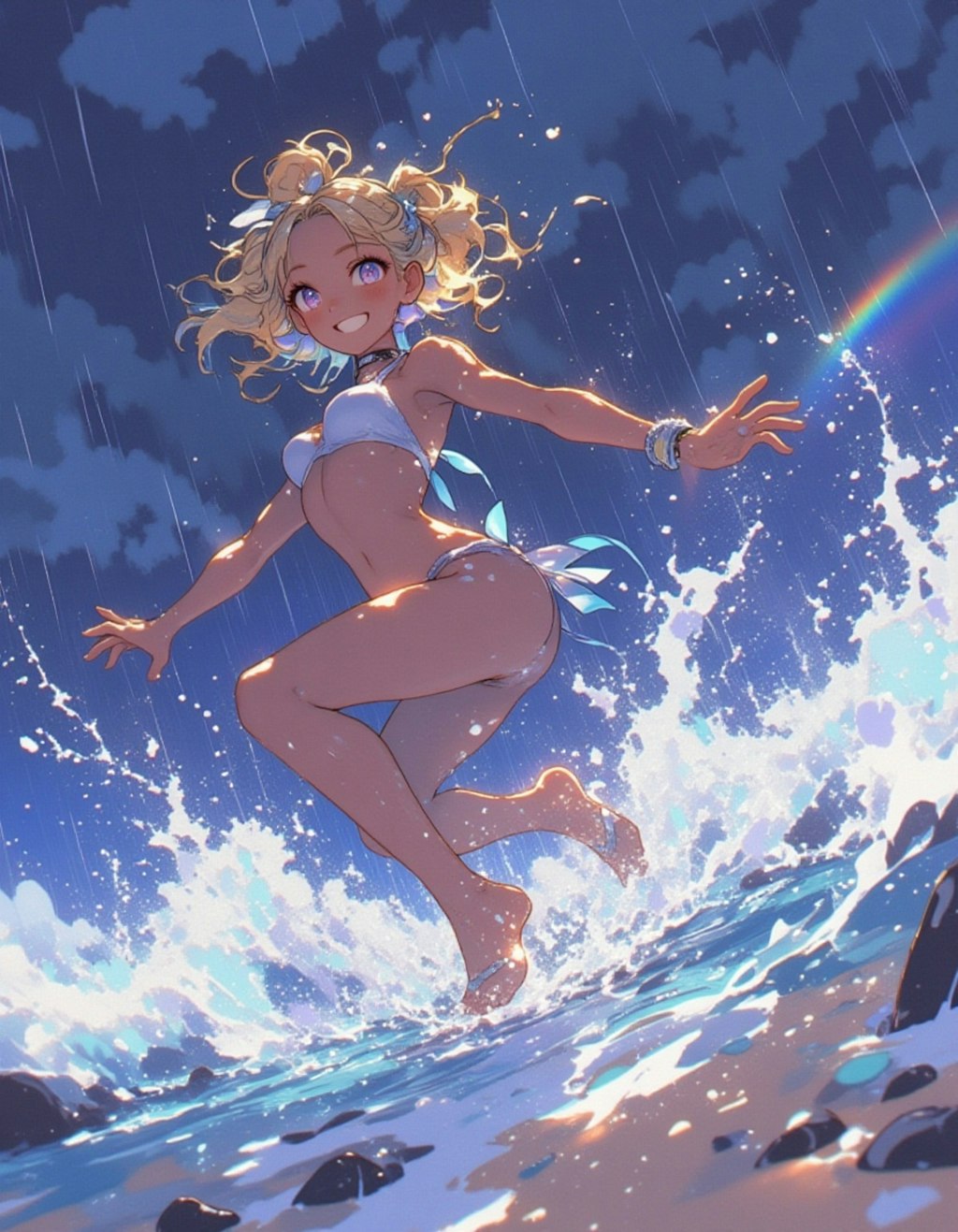 大雨のビーチで遊ぶギャルロリ