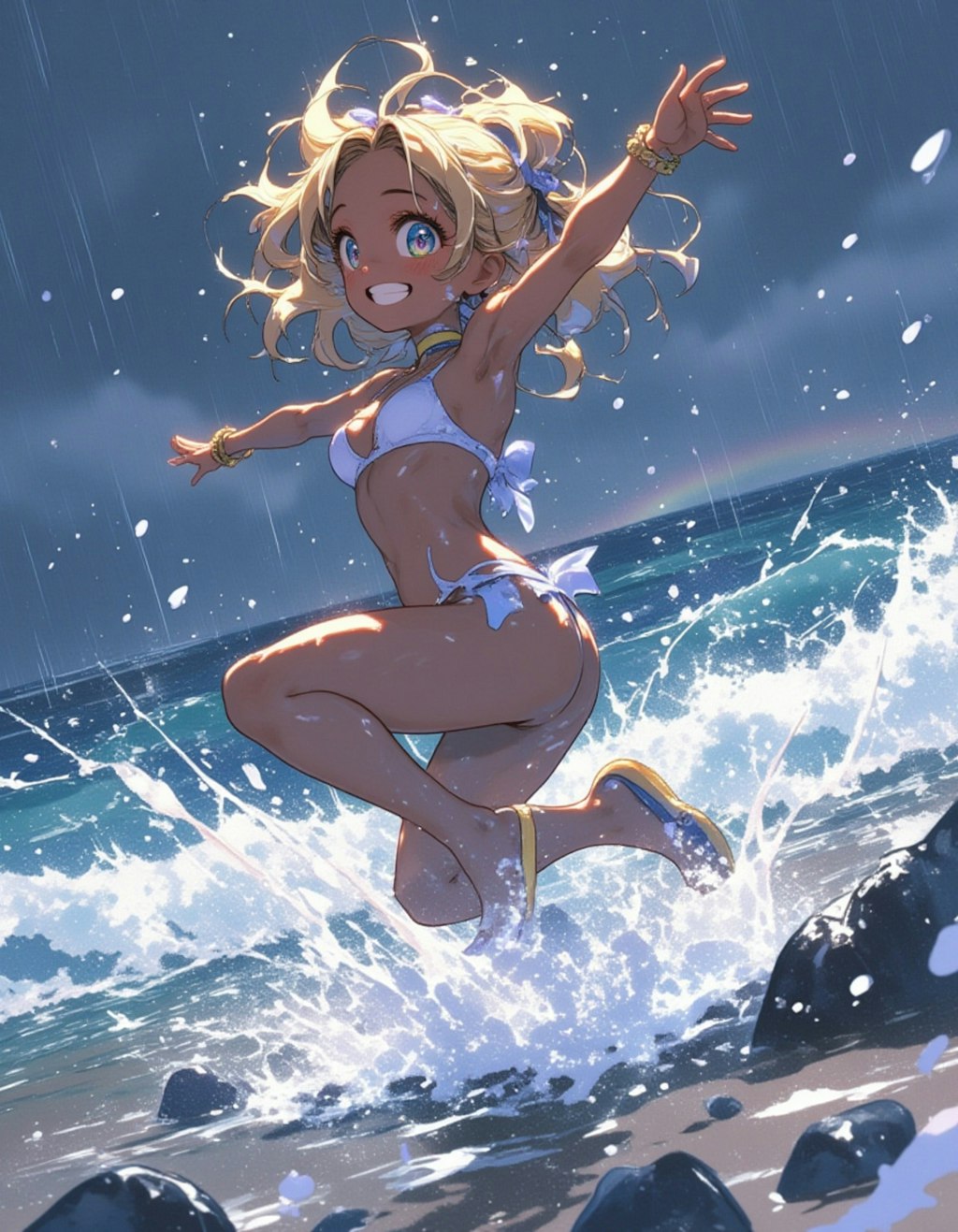大雨のビーチで遊ぶギャルロリ