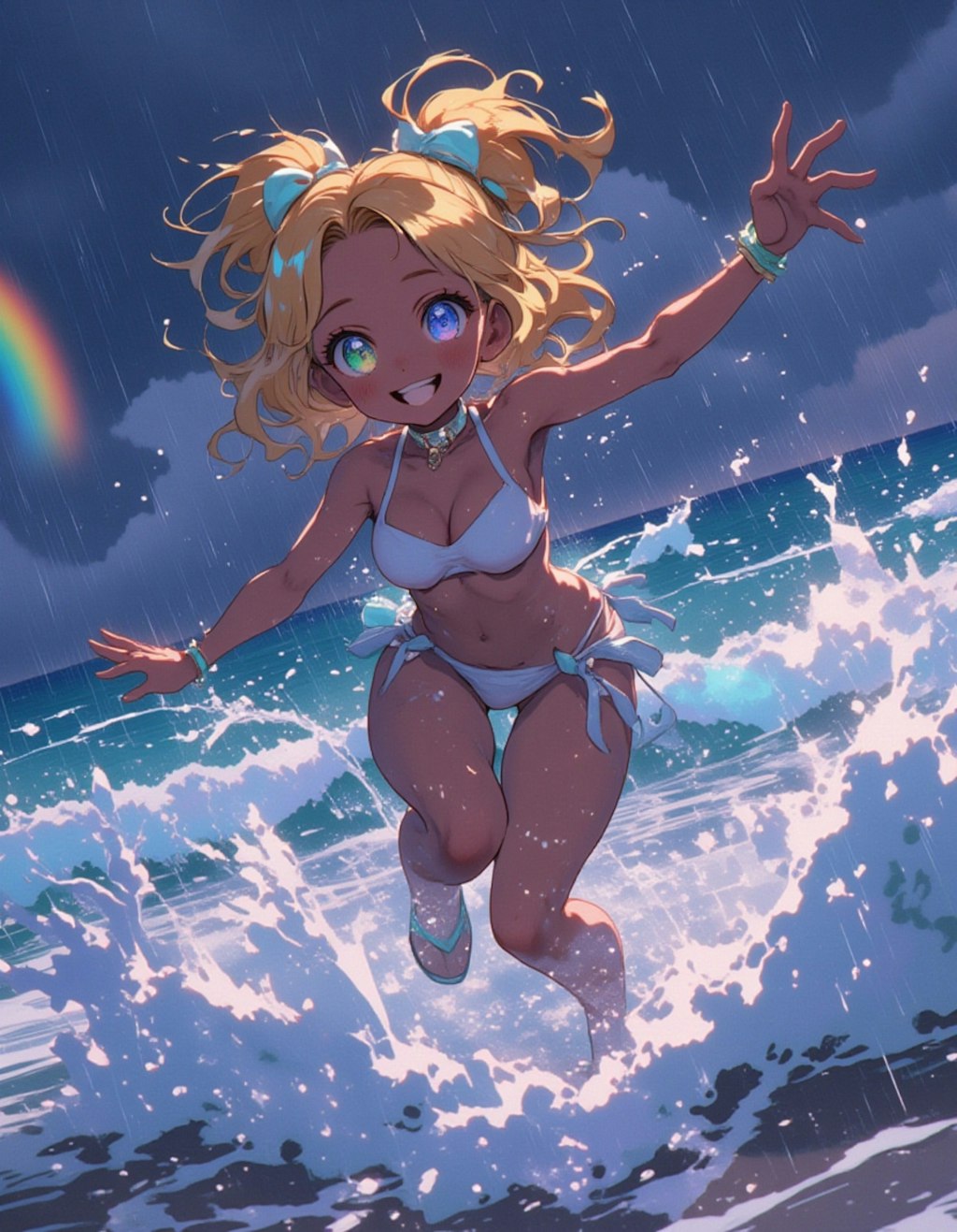 大雨のビーチで遊ぶギャルロリ