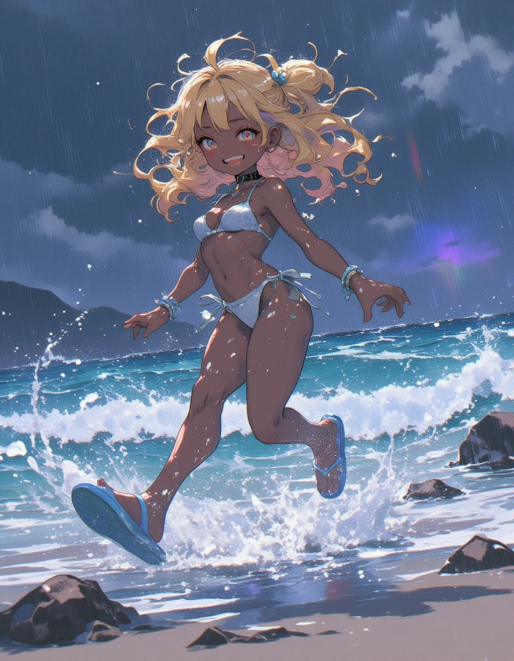 大雨のビーチで遊ぶギャルロリ