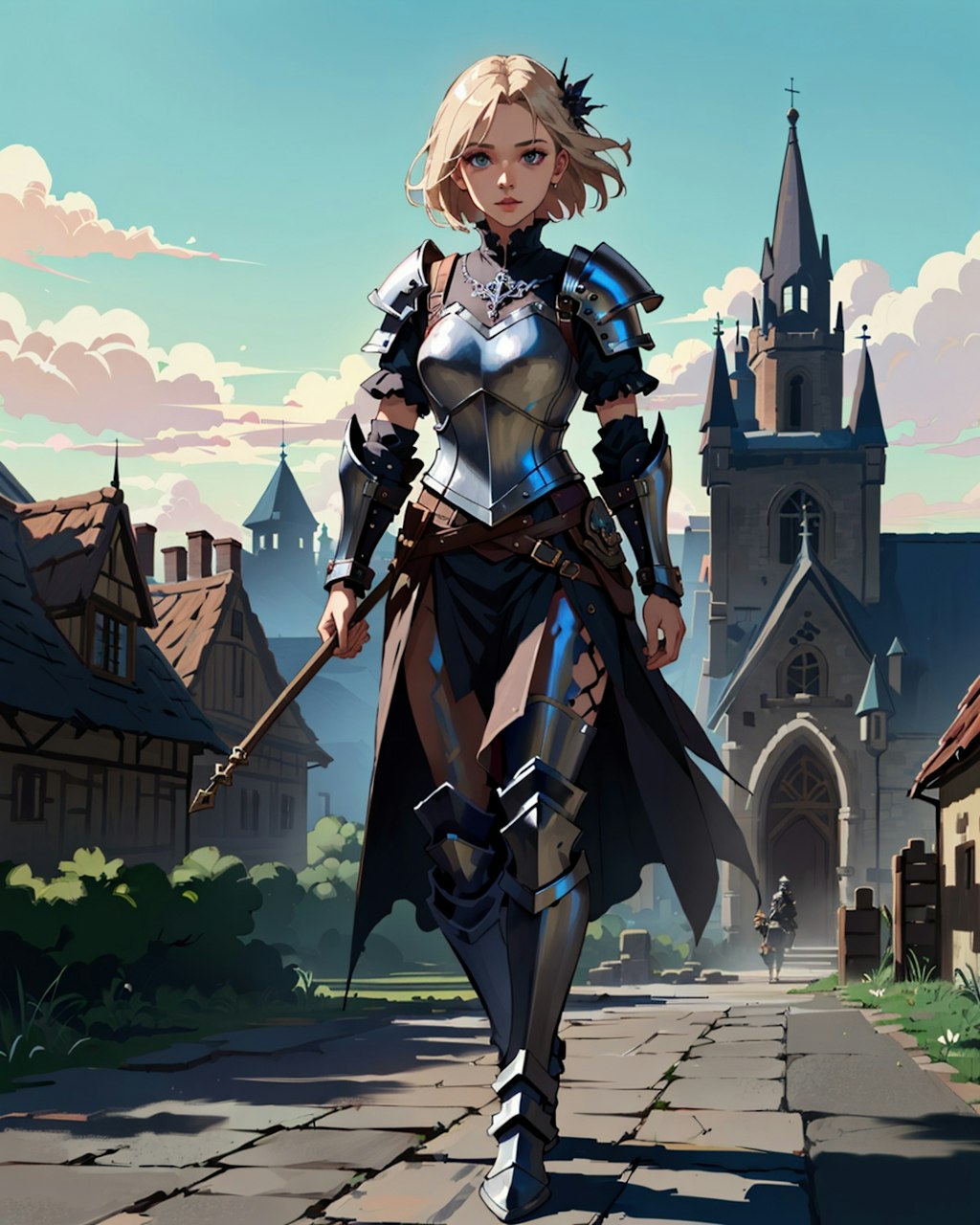 中世の町の金髪の女騎士