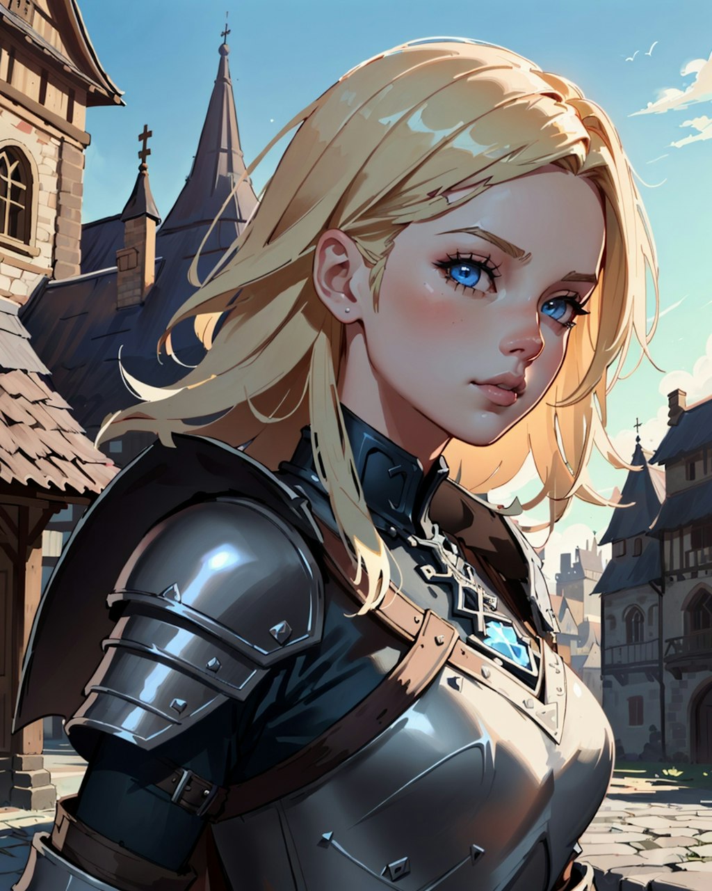 中世の町の金髪の女騎士
