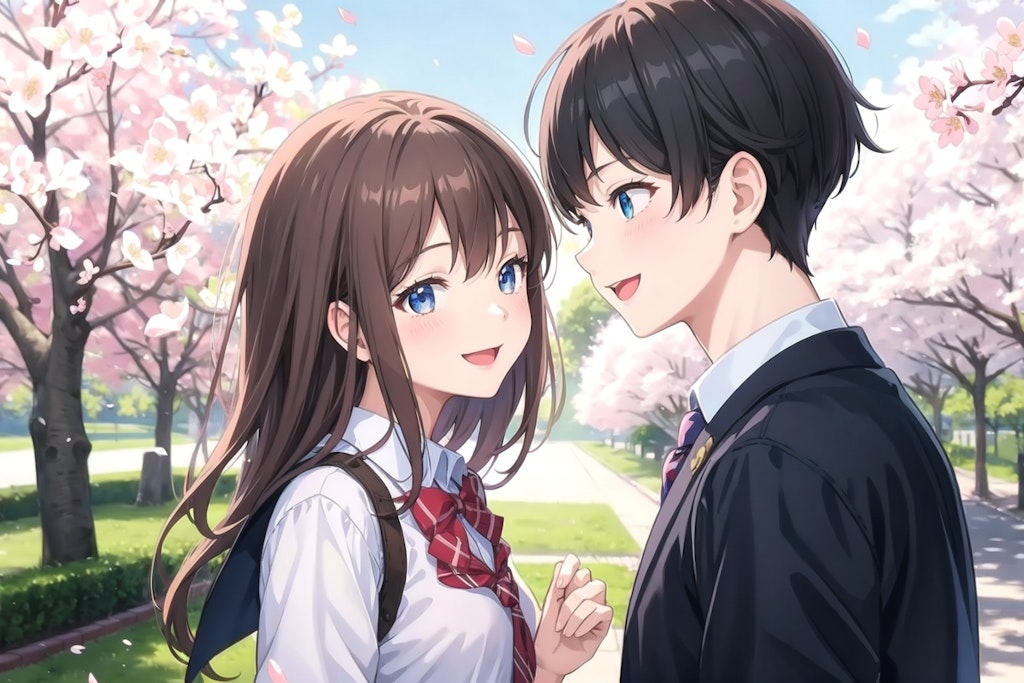 Lovers in a park with cherry blossoms in full bloom