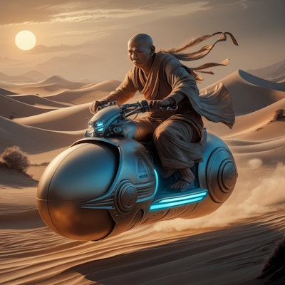 未来的な乗り物に乗る僧侶