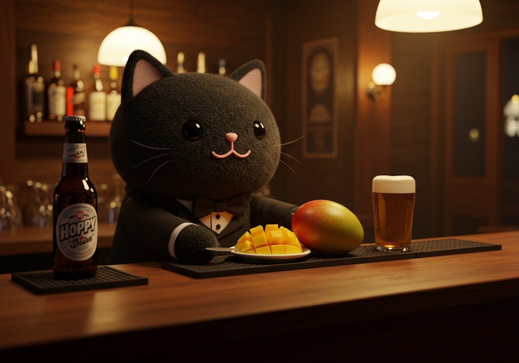 マンゴーとホッピーを提供する黒猫バーテンダー