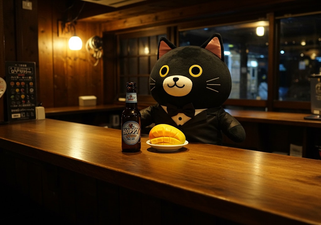マンゴーとホッピーを提供する黒猫バーテンダー