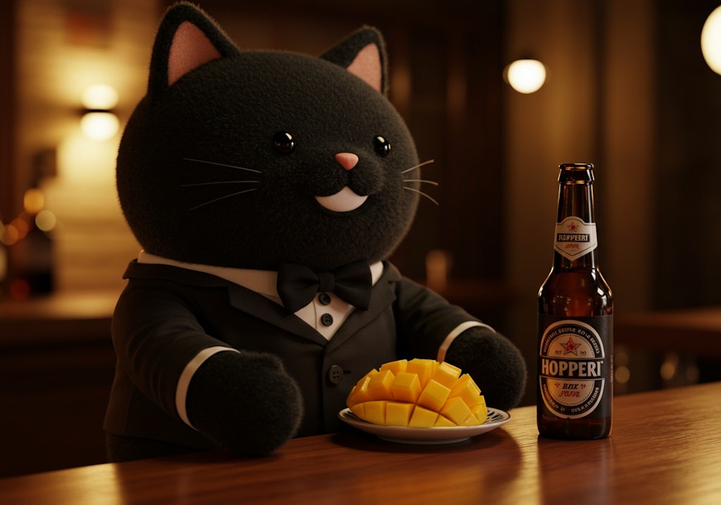 マンゴーとホッピーを提供する黒猫バーテンダー