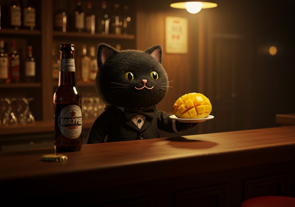 マンゴーとホッピーを提供する黒猫バーテンダー