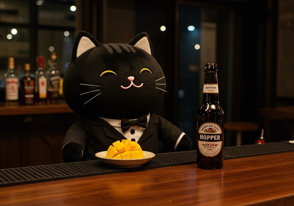 マンゴーとホッピーを提供する黒猫バーテンダー