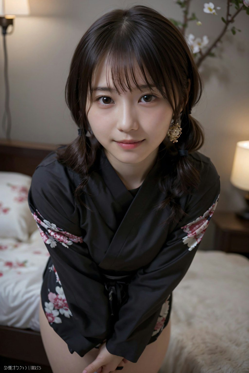 ツインテールの着物の女性