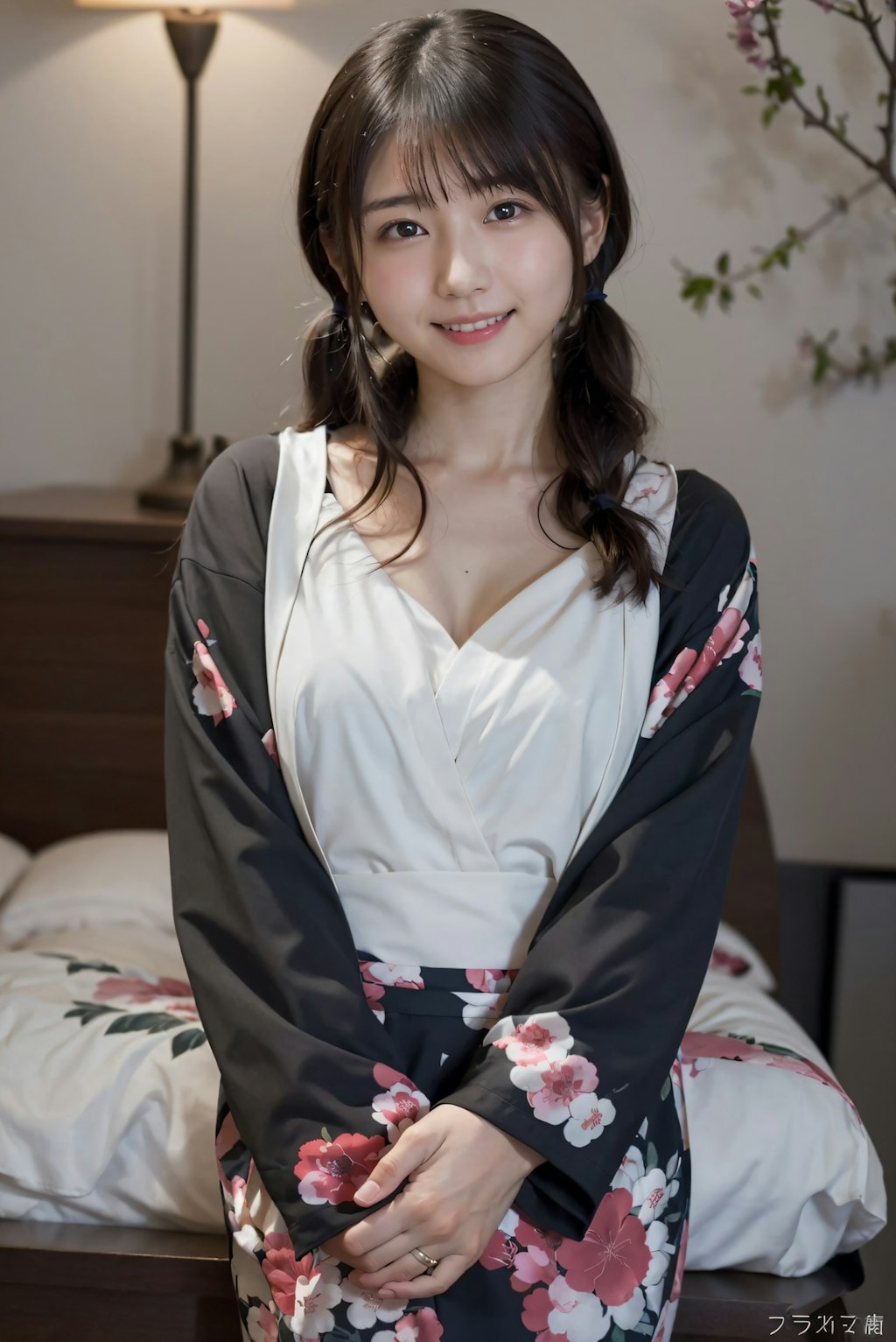 ツインテールの着物の女性