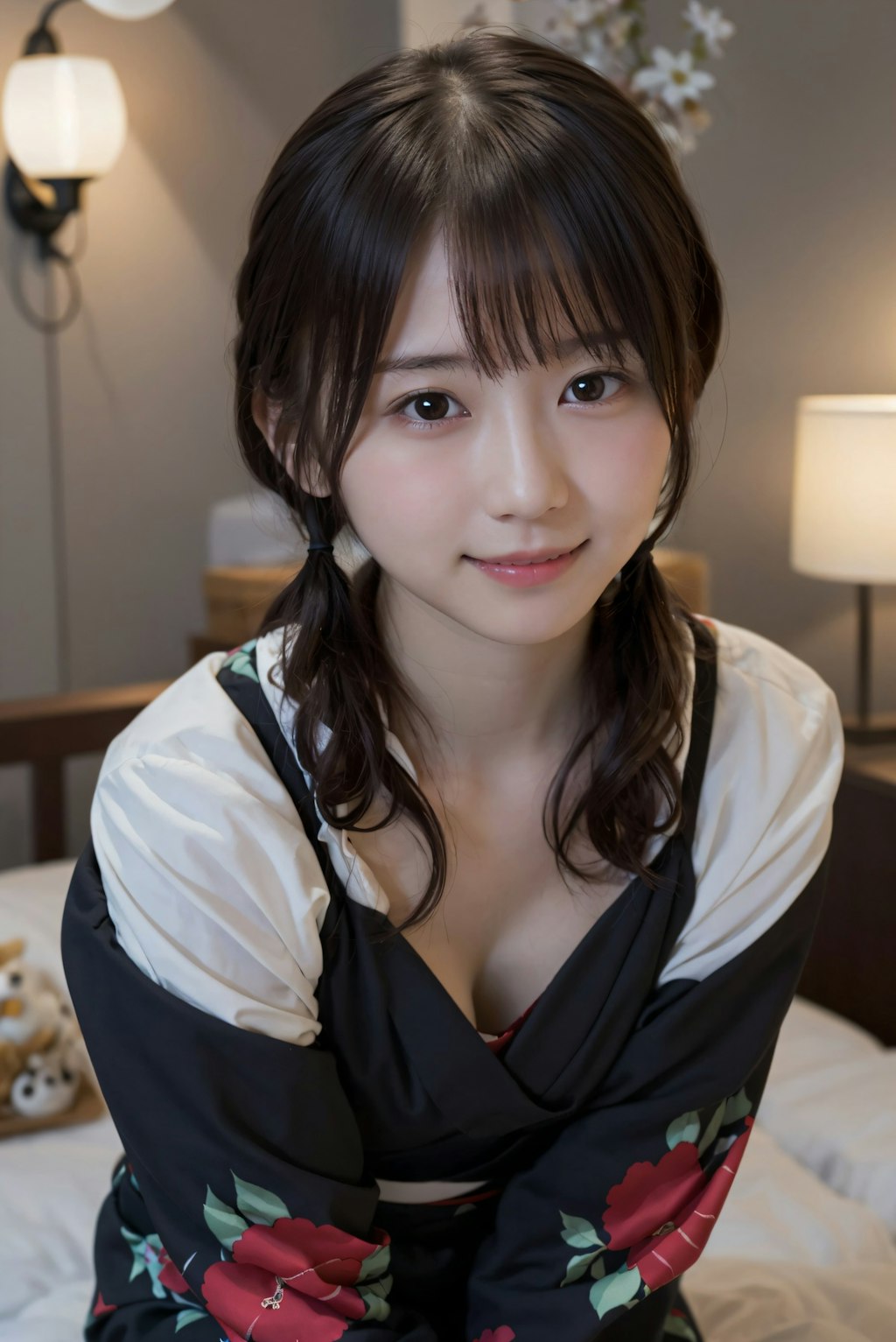 ツインテールの着物の女性