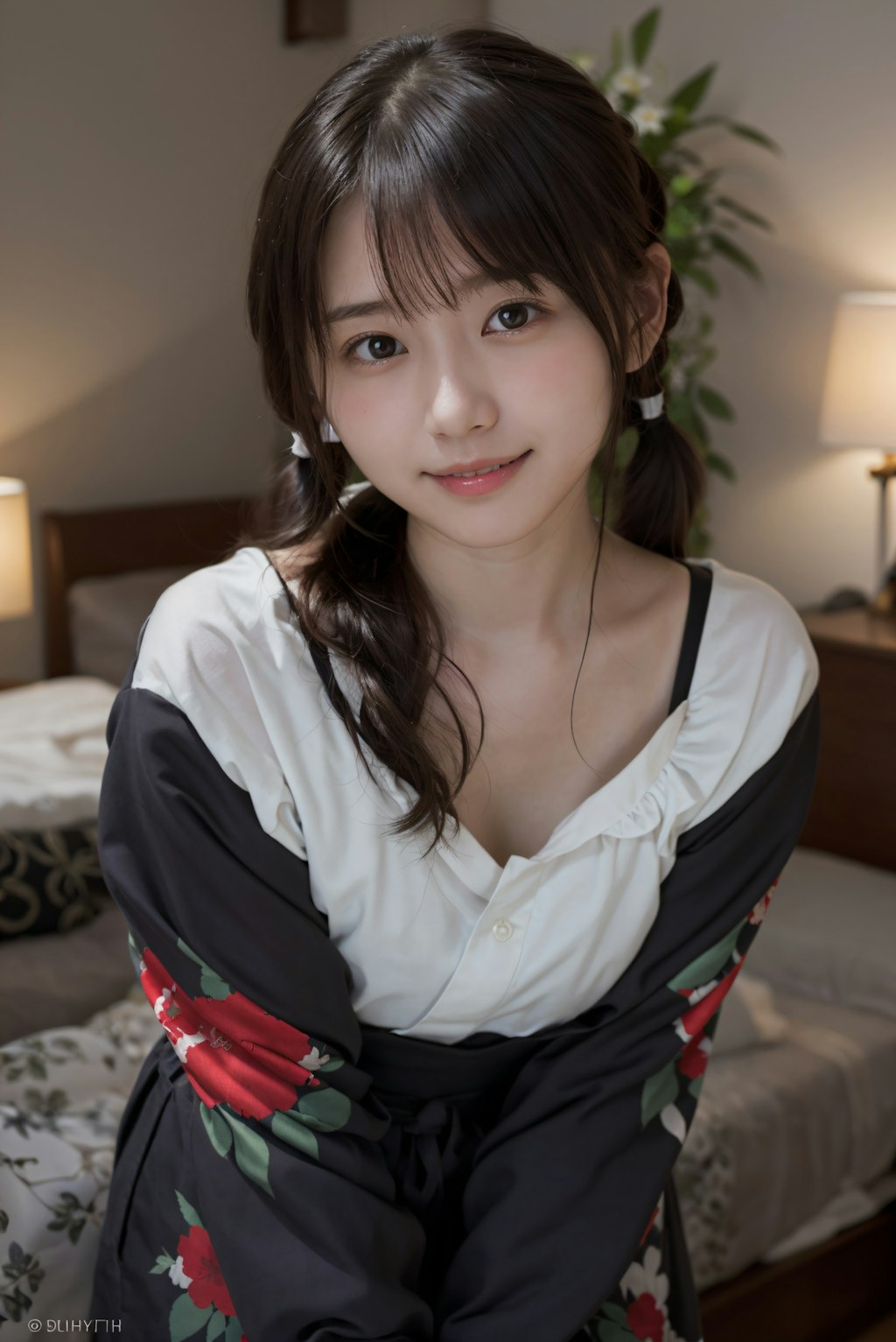 ツインテールの着物の女性