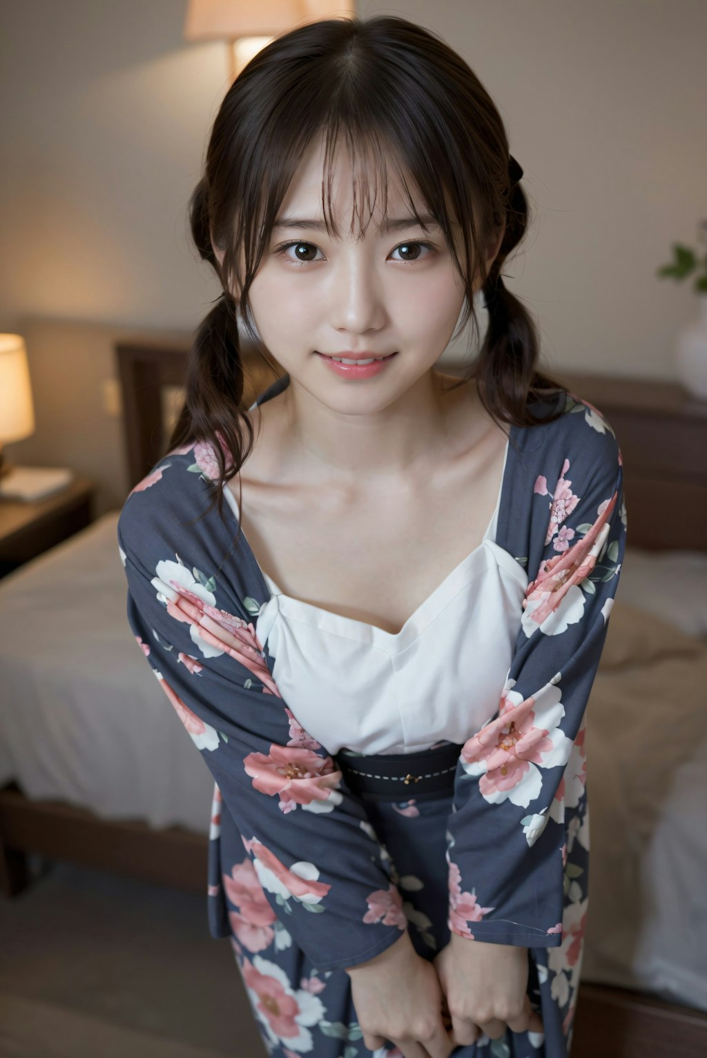 ツインテールの着物の女性
