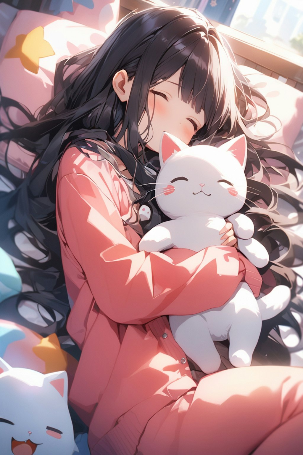 猫のぬいぐるみを抱いて眠る少女