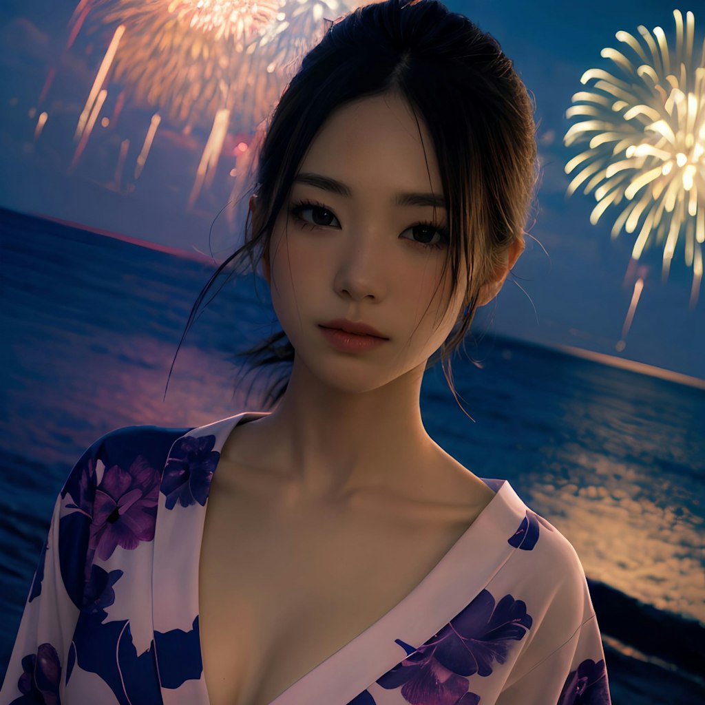 煌めく夏の美人が浴衣姿で花火を楽しむ