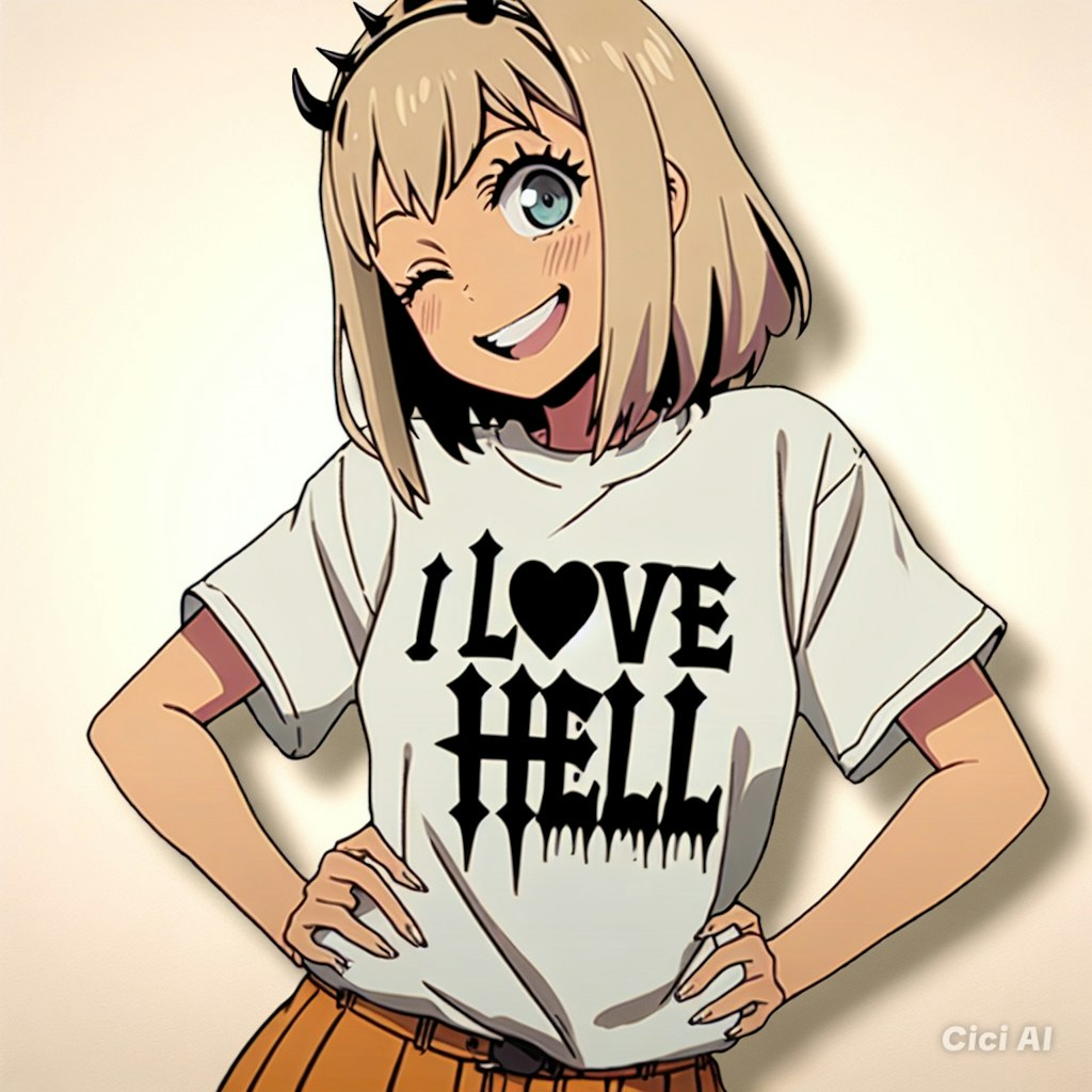「I love Hell」Tシャツを着ている女の子。
