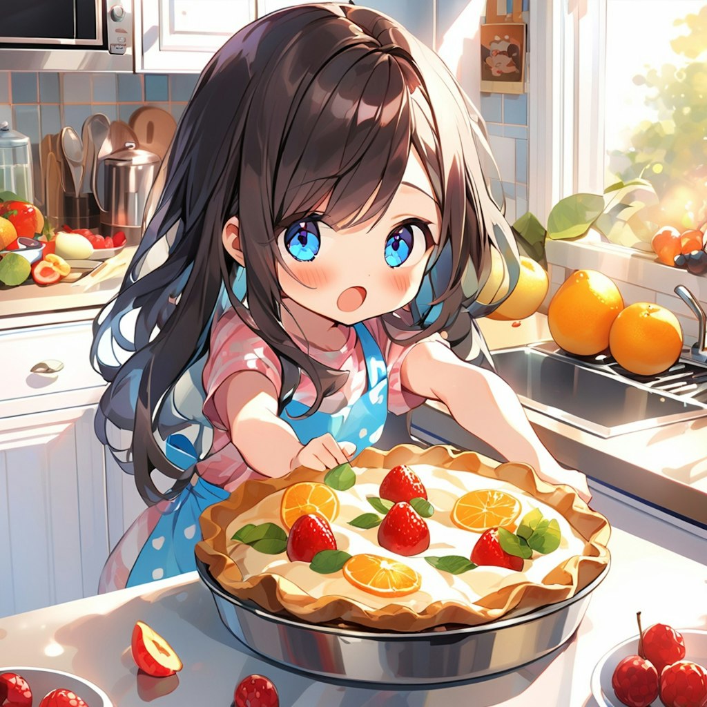 フルーツパイを焼いた小さな女の子