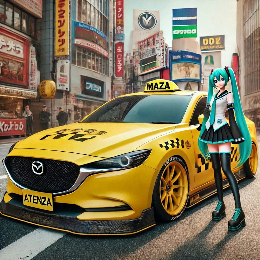 アテンザセダンイエロータクシーのドリ車と初音ミク