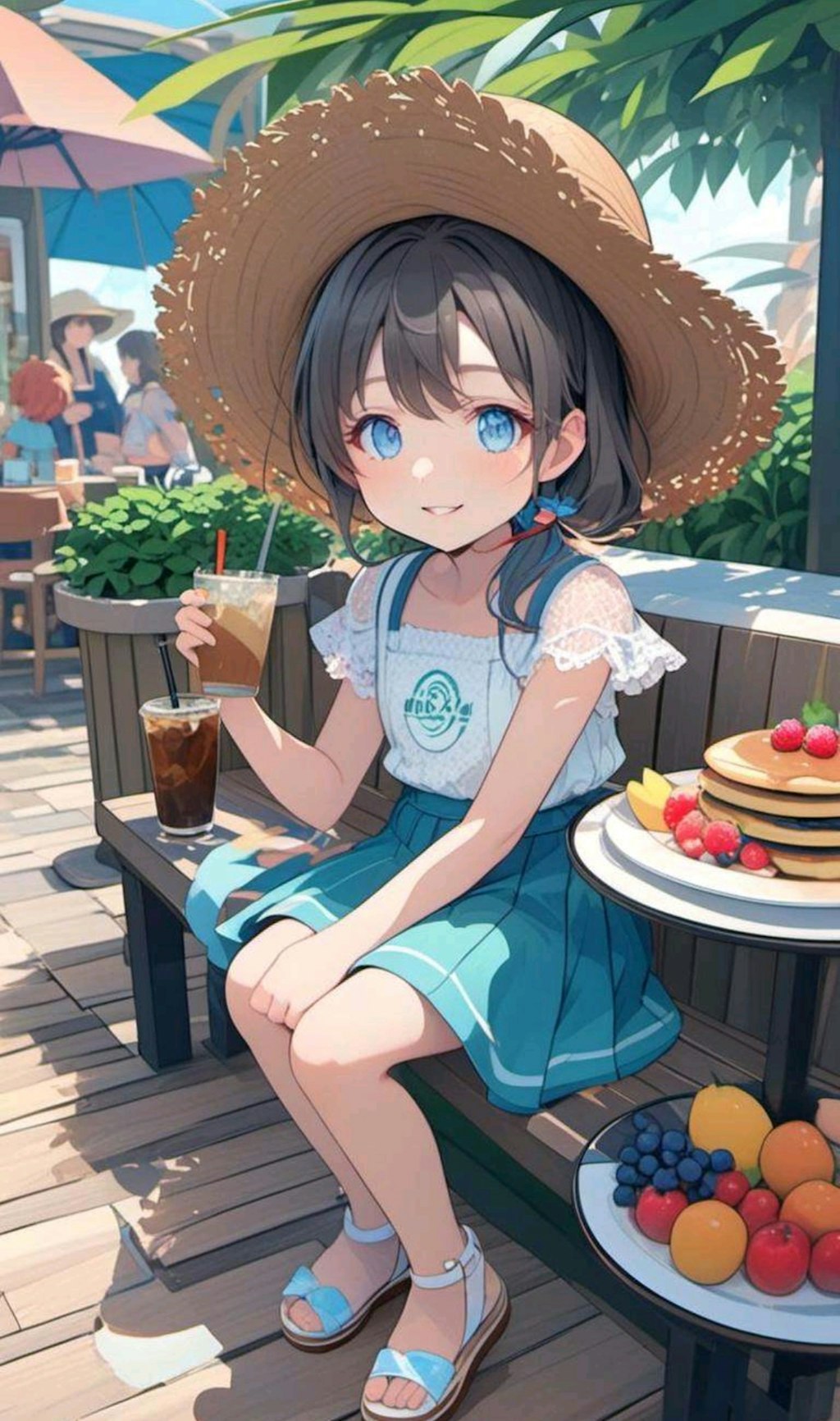 カフェのテラスでブランチを楽しむ小さな女の子