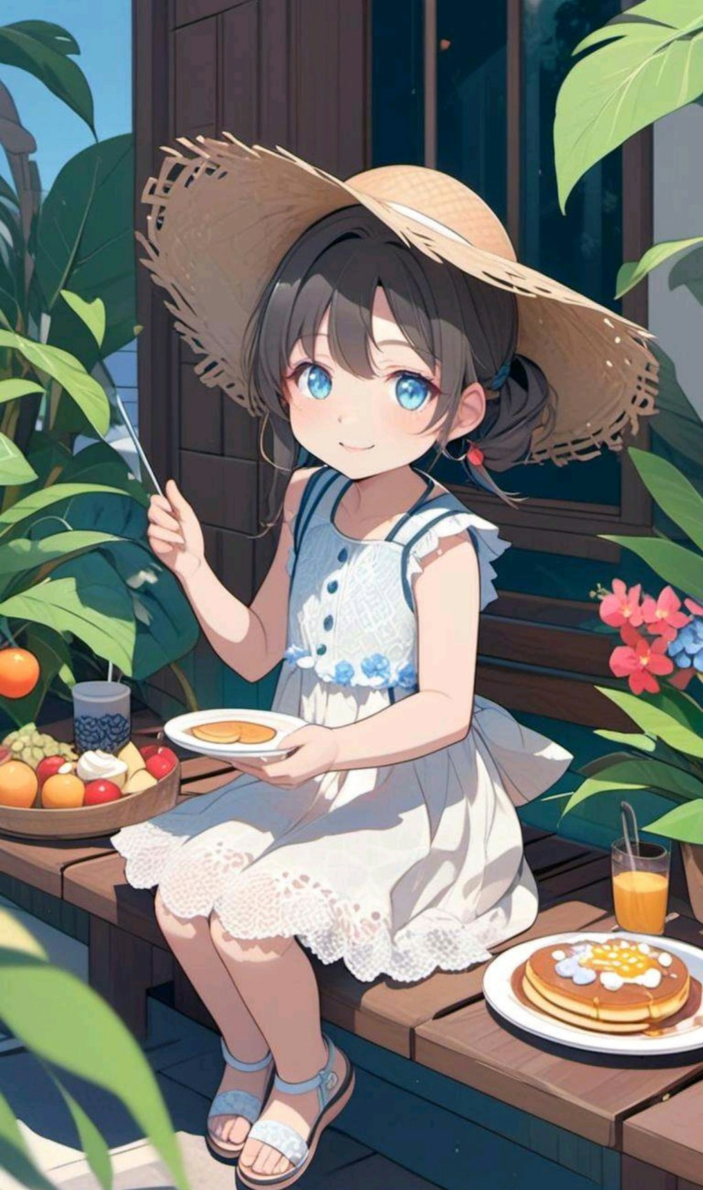 カフェのテラスでブランチを楽しむ小さな女の子