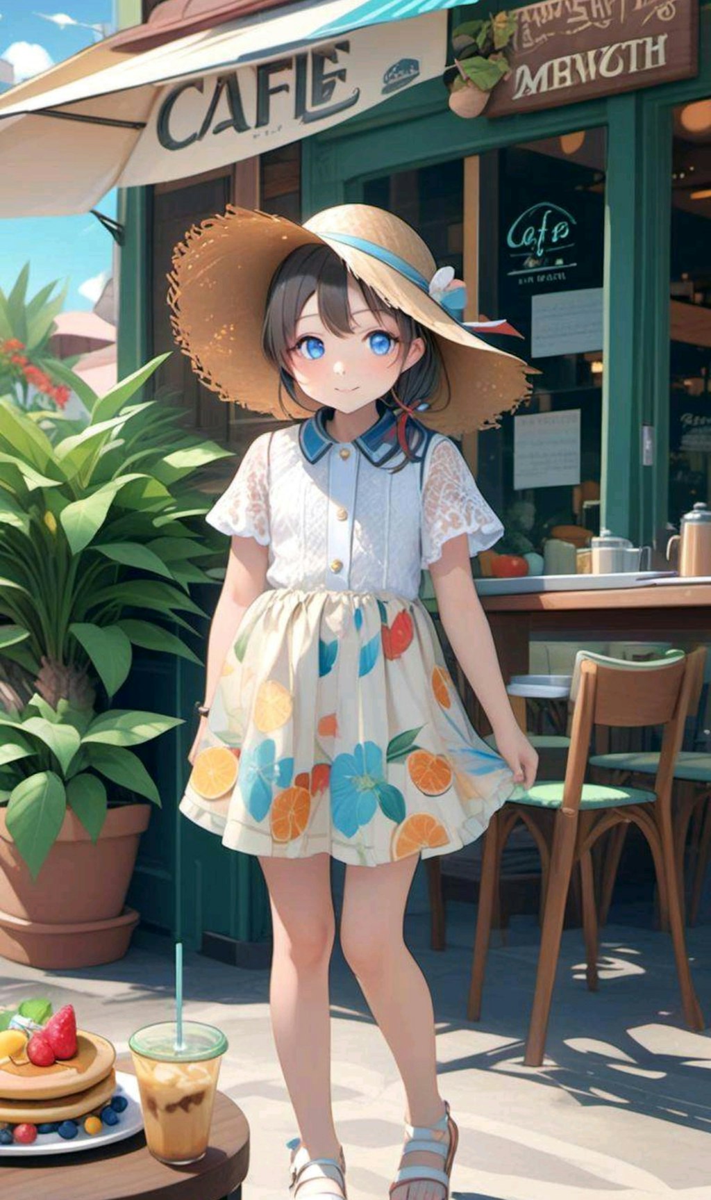 カフェのテラスでブランチを楽しむ小さな女の子