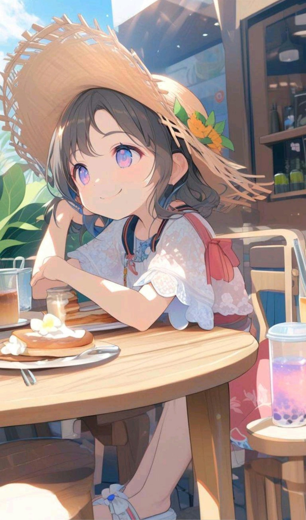 カフェのテラスでブランチを楽しむ小さな女の子