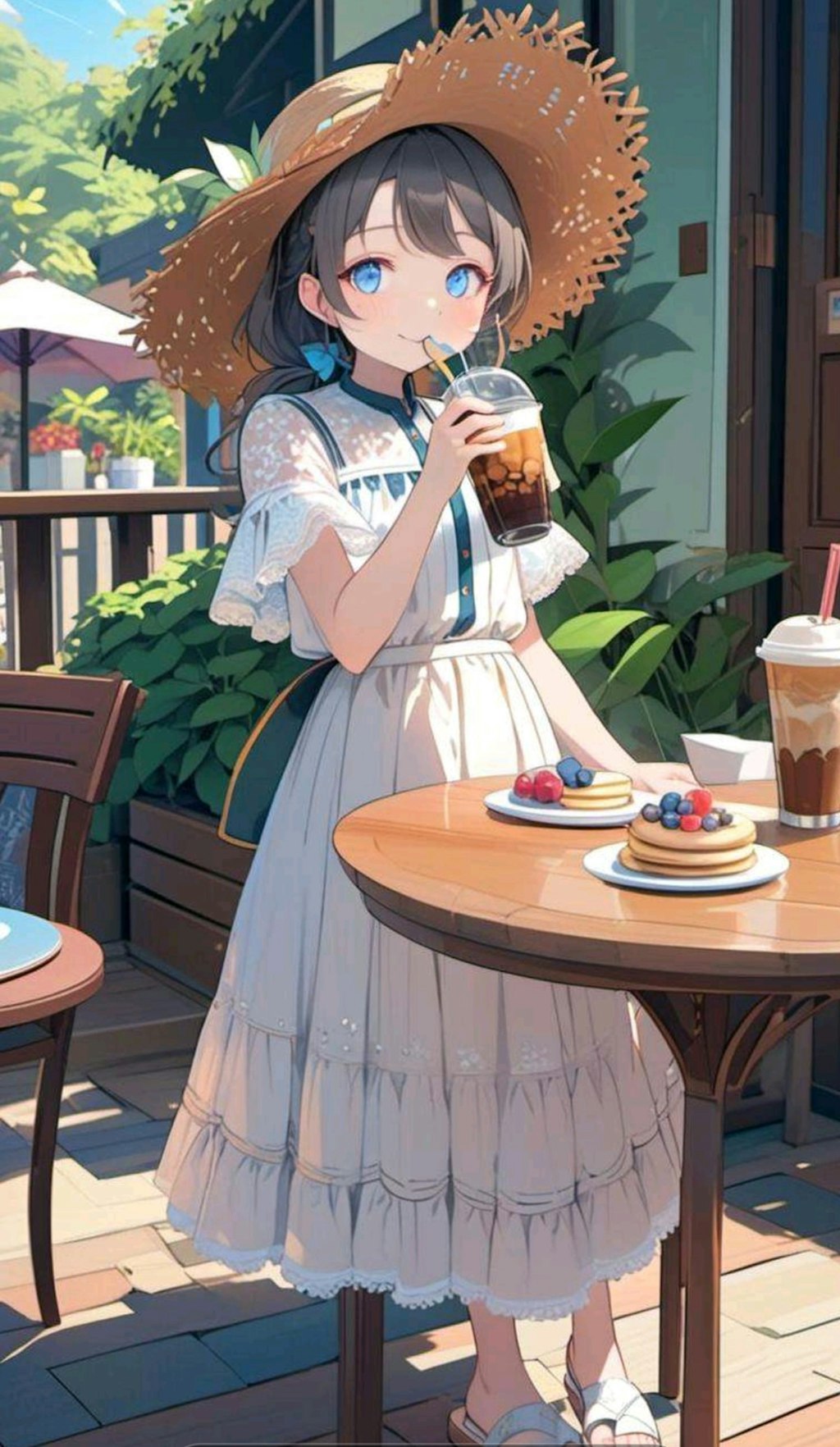 カフェのテラスでブランチを楽しむ小さな女の子