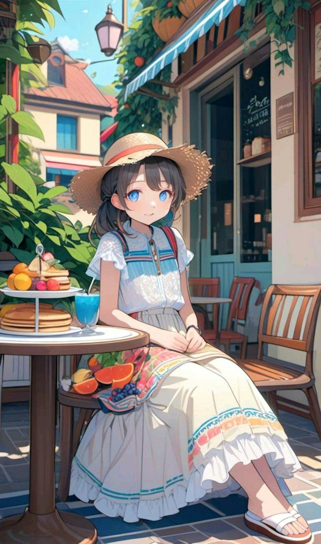 カフェのテラスでブランチを楽しむ小さな女の子