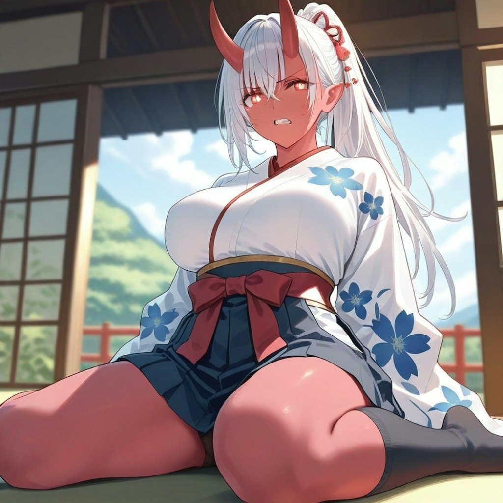 時代劇墨絵油絵風、サムライ赤鬼娘人妻ハイソックス