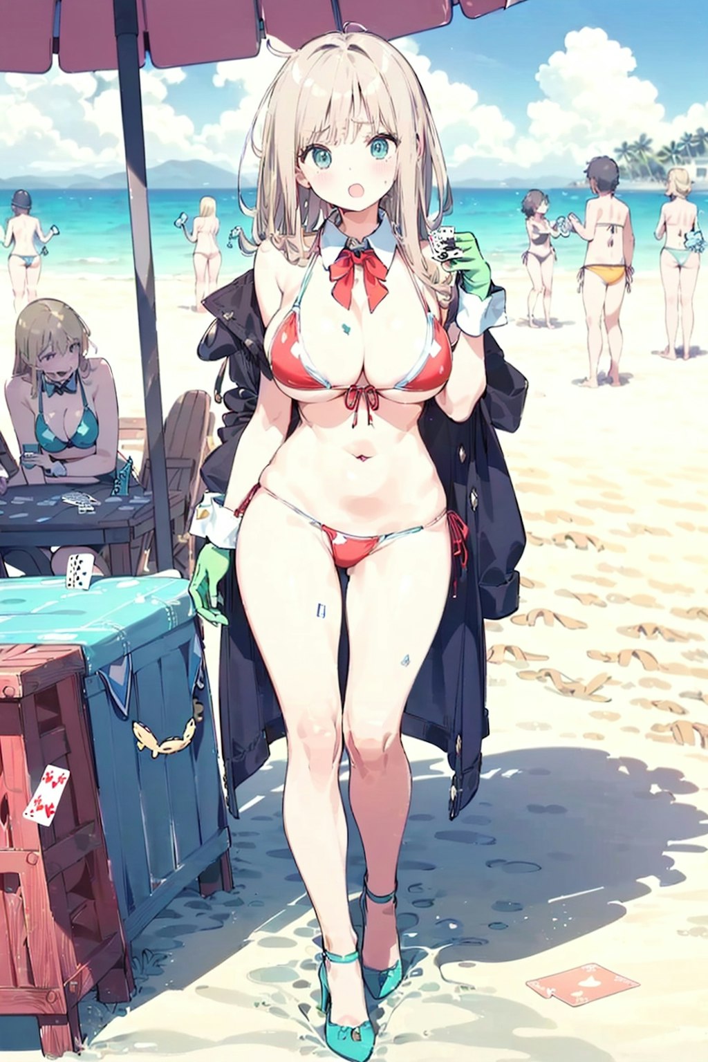 a bikini girl playing cards in the beach