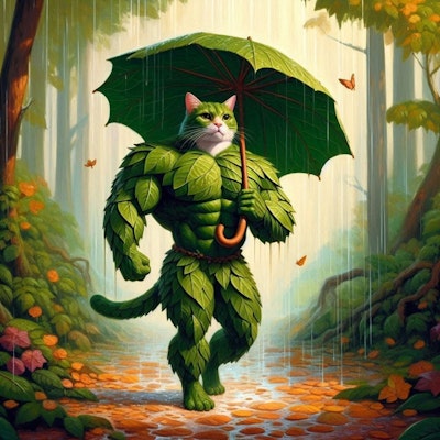 アクリル風 雨の葉っぱの森、葉っぱの傘&葉っぱの服の筋肉猫