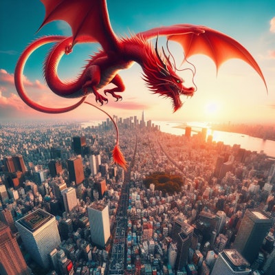新宿上空を旋回する赤いドラゴン
