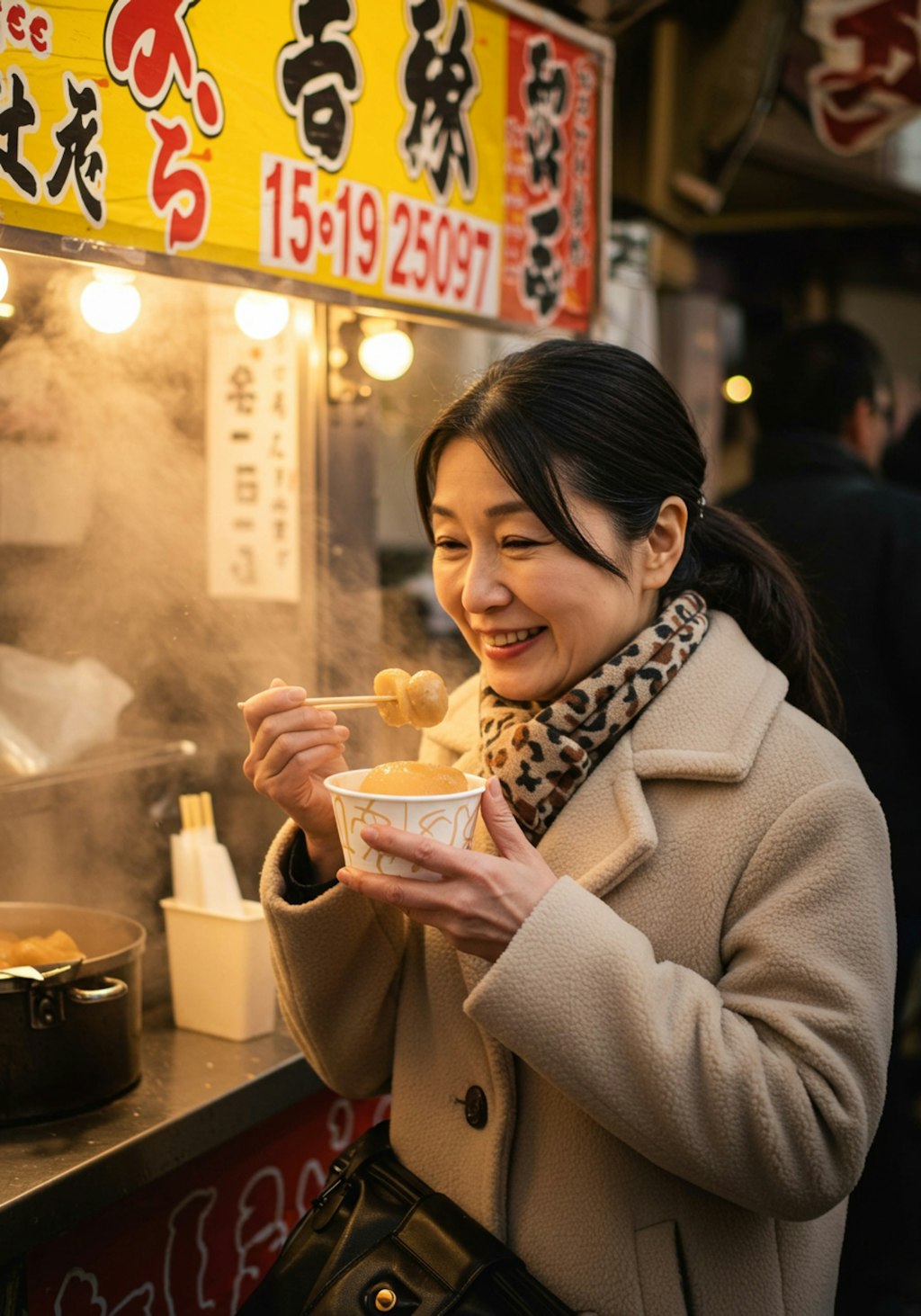 露店でおでんを食べる庶民的なおばちゃん