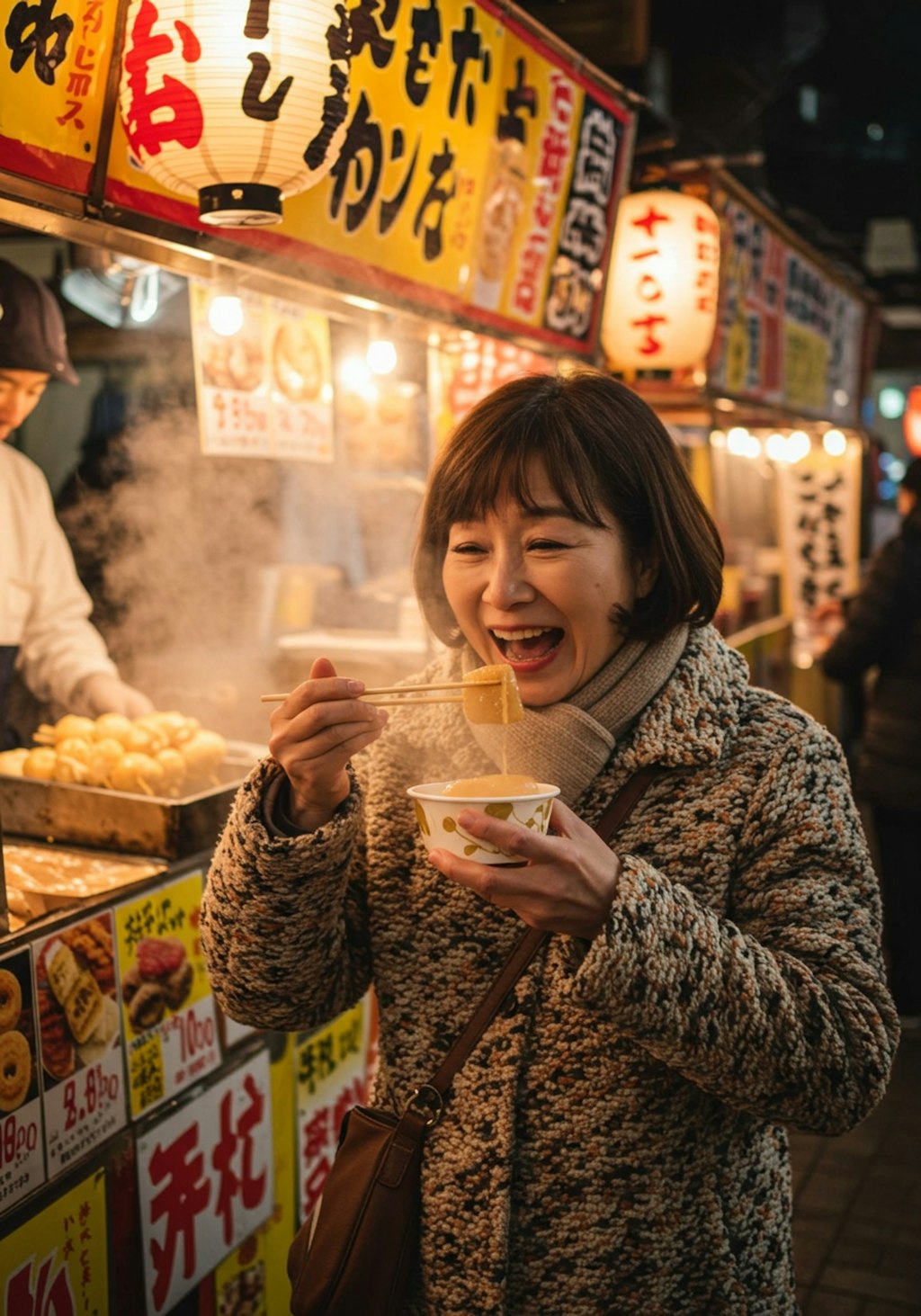 露店でおでんを食べる庶民的なおばちゃん