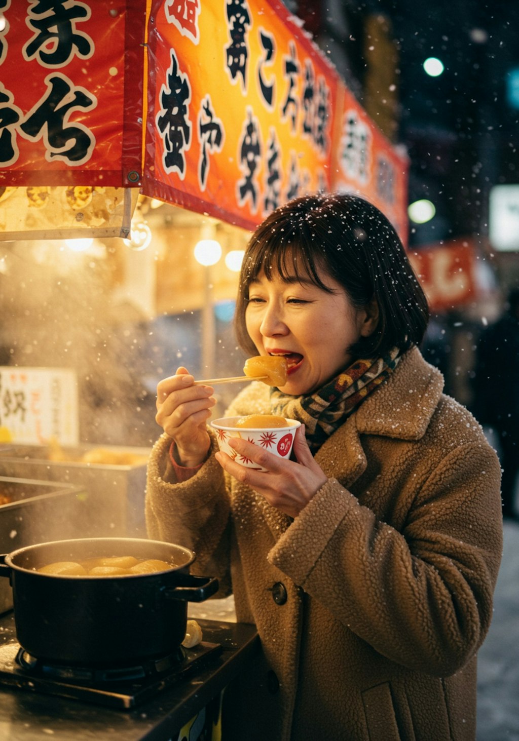 露店でおでんを食べる庶民的なおばちゃん