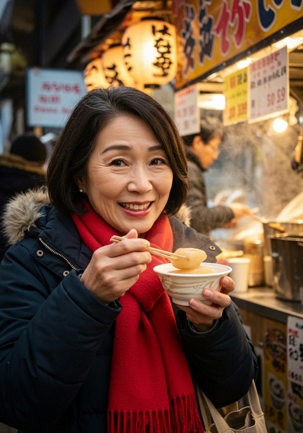 露店でおでんを食べる庶民的なおばちゃん