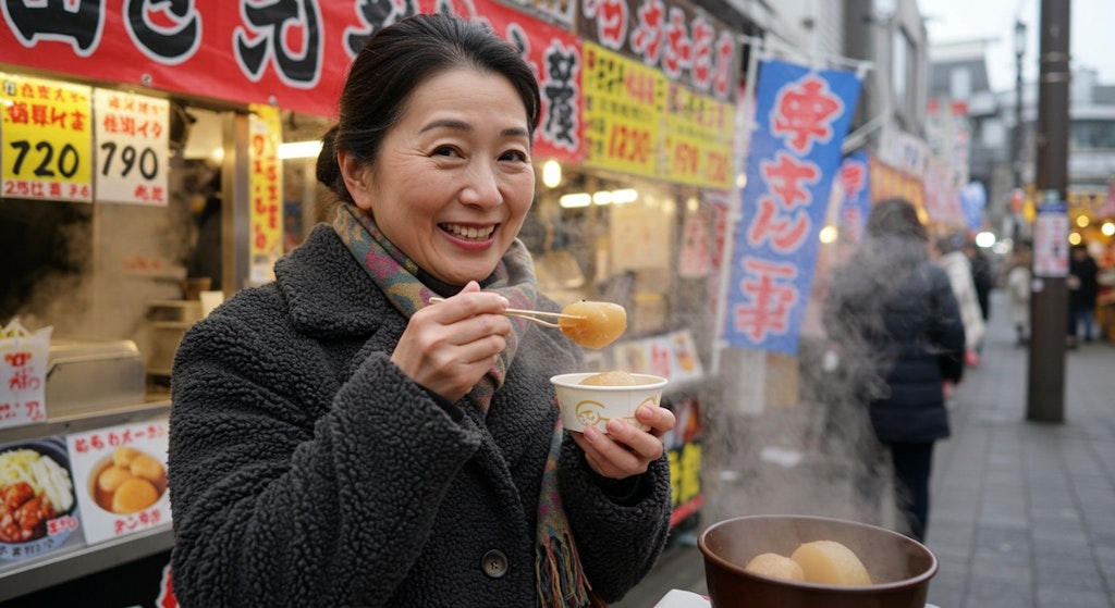 露店でおでんを食べる庶民的なおばちゃん