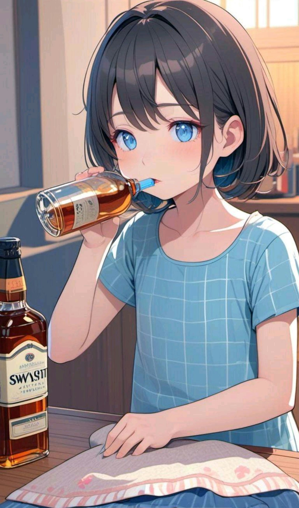 麦茶を飲む小さな女の子