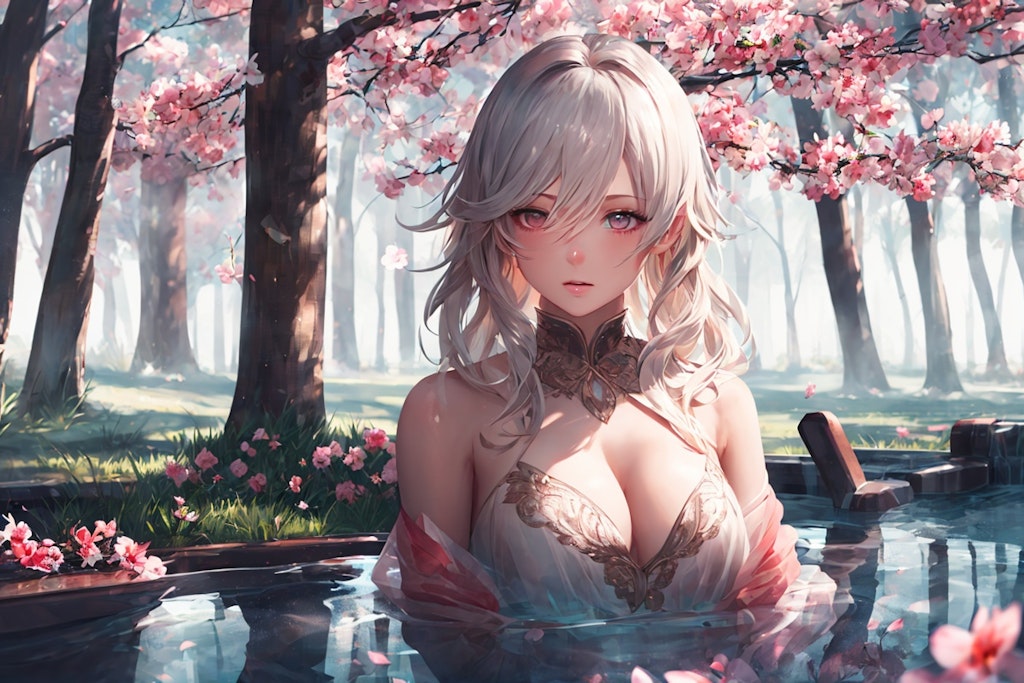 桜舞う温泉